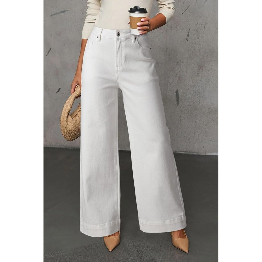 Women's White Casual High Waisted Stretch Button Wide Leg Loose Denim Jeans - Picture 3 of 3